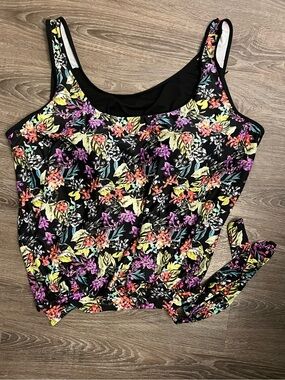 Black Floral Tankini Top with Multi-Color Bloom Print